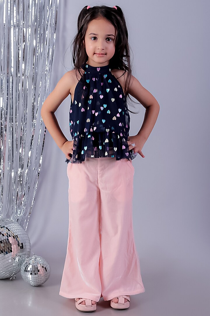 Navy Polyester Foil Printed Top For Girls by Lil Drama at Pernia's Pop Up Shop