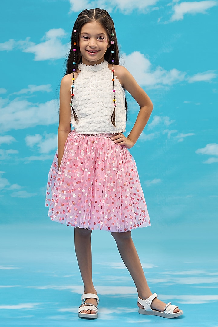 White & Pink Net Polka Dot Co-Ord Set For Girls by Lil Drama at Pernia's Pop Up Shop