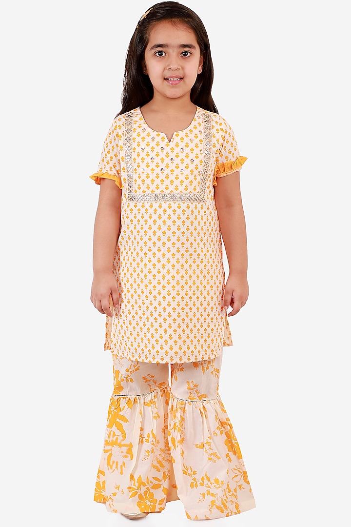 Yellow Floral Printed Kurta Set For Girls by Lil Drama