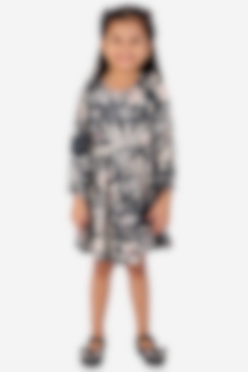 Navy Blue Printed Dress For Girls by Lil Drama