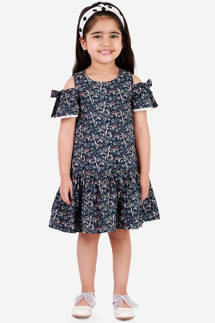 Navy Blue Cotton Dress For Girls by Lil Drama