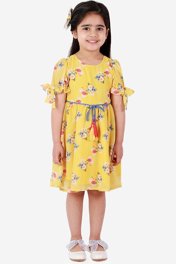 Yellow Floral Printed Dress For Girls by Lil Drama