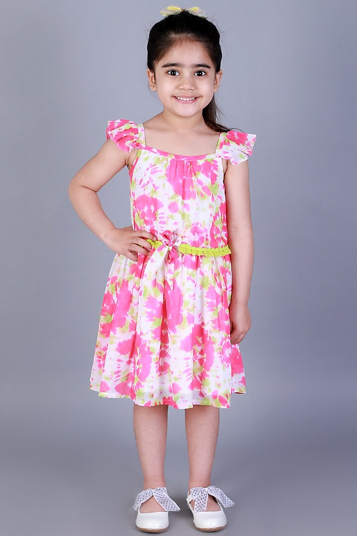 Pink Printed Dress For Girls by Lil Drama