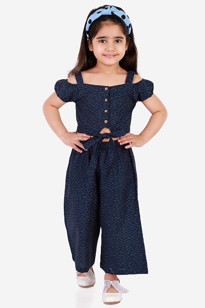 Navy Blue Printed Pant Set For Girls by Lil Drama