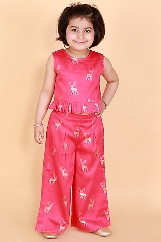Pink Printed Pant Set For Girls by Lil Drama