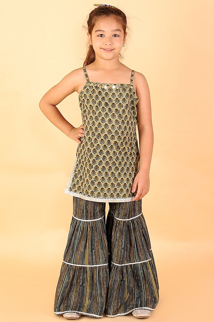 Green Cotton Sharara Set For Girls by Lil Drama