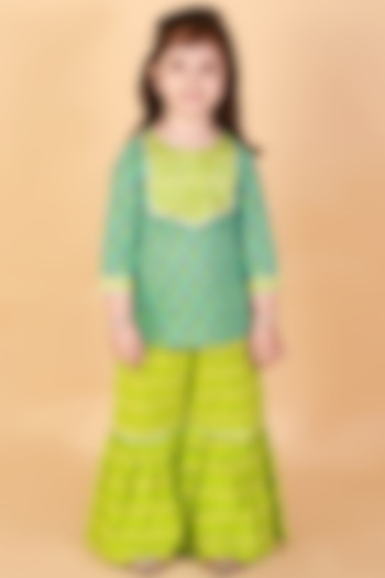 Lime Green Printed Sharara Set For Girls by Lil Drama