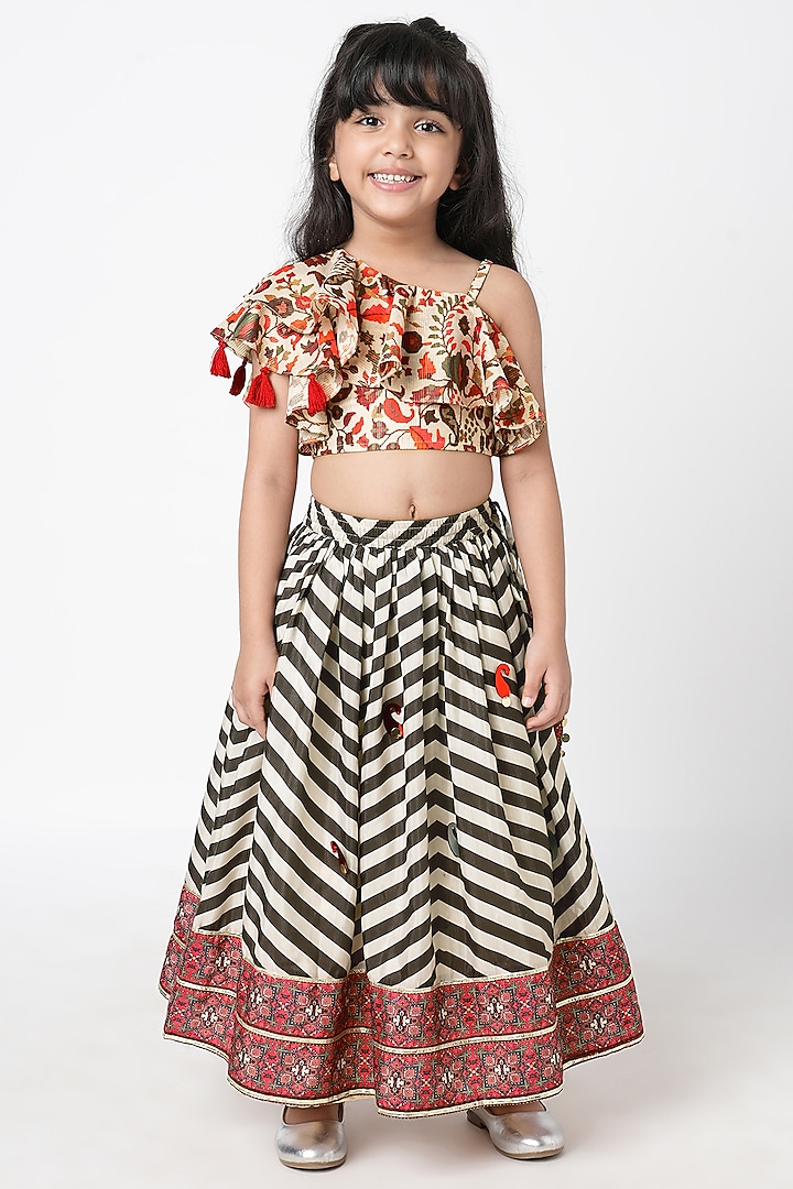 Black & White Polyester Embroidered Lehenga Set For Girls by Lil Drama