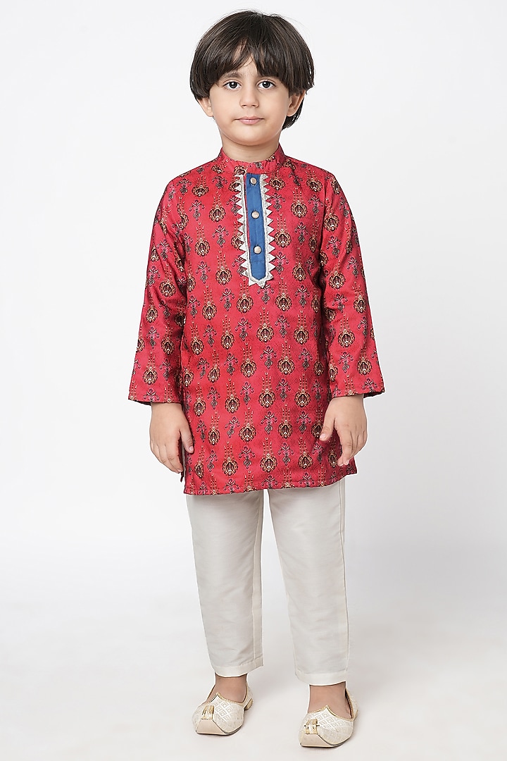 Red Polyester Printed Kurta Set For Boys by Lil Drama