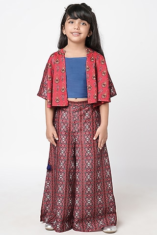 Red Polyester Palazzo Pant Set For Girls by Lil Drama