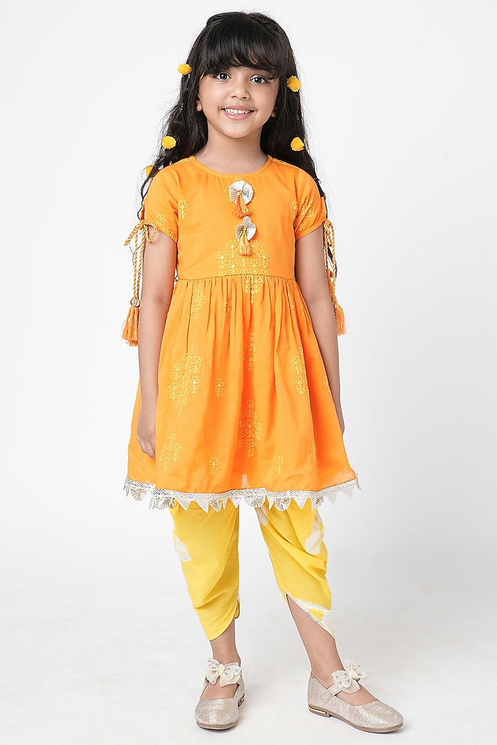 Orange Cotton Embroidered Kurta Set For Girls by Lil Drama at Pernia's Pop Up Shop