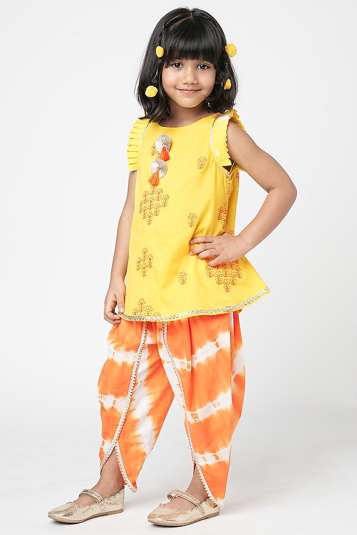 Yellow Cotton Embroidered Kurta Set For Girls by Lil Drama at Pernia's Pop Up Shop