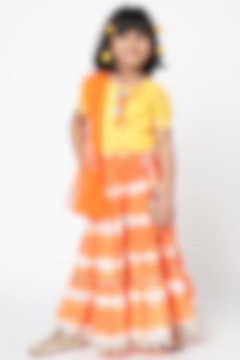 Orange Cambric Tie-Dye Lehenga Set For Girls by Lil Drama at Pernia's Pop Up Shop