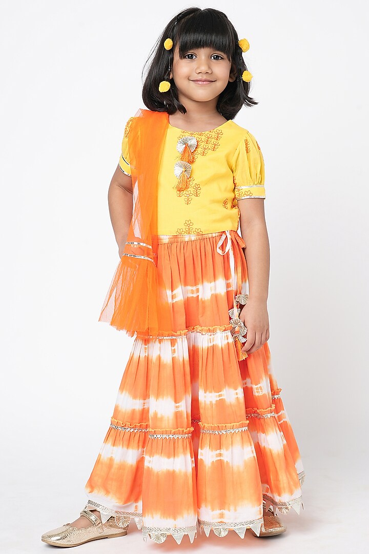 Orange Cambric Tie-Dye Lehenga Set For Girls by Lil Drama at Pernia's Pop Up Shop