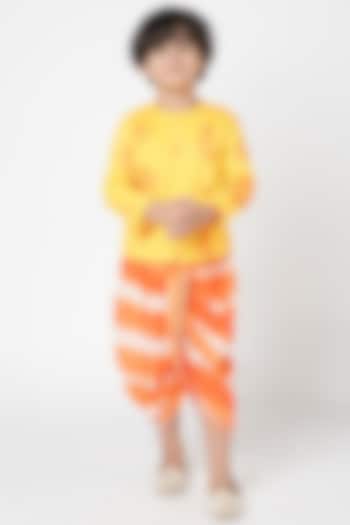 Orange Cambric Tie-Dye Dhoti Set For Boys by Lil Drama