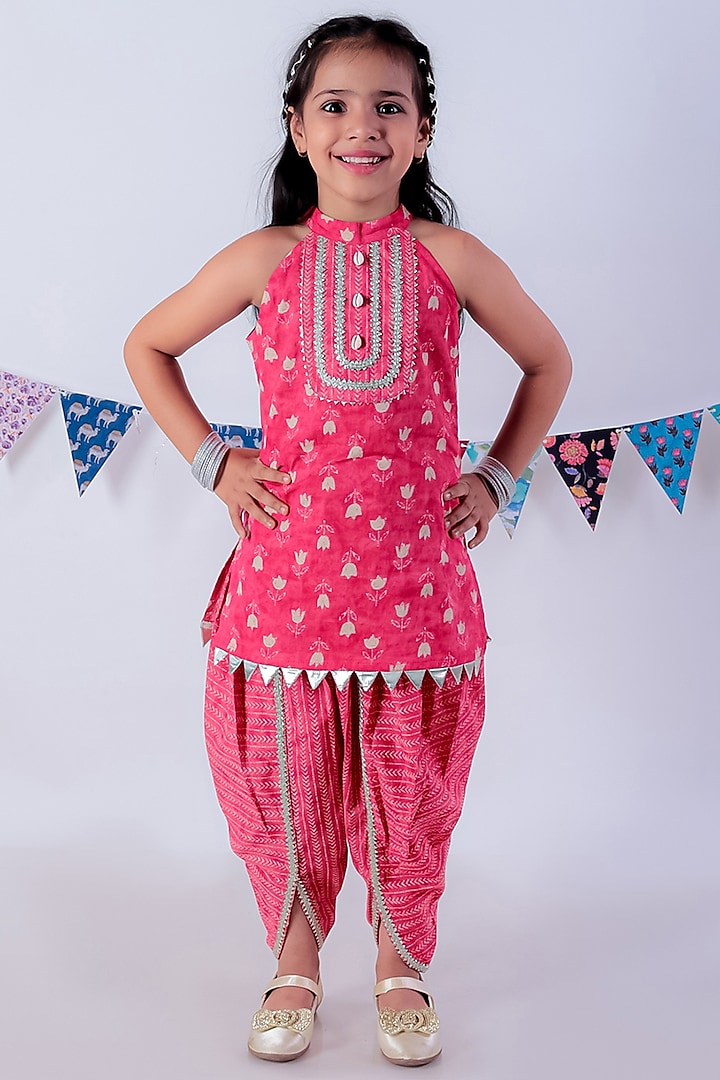 Red Cotton Jaipur Printed Dhoti Set For Girls by Lil Drama at Pernia's Pop Up Shop