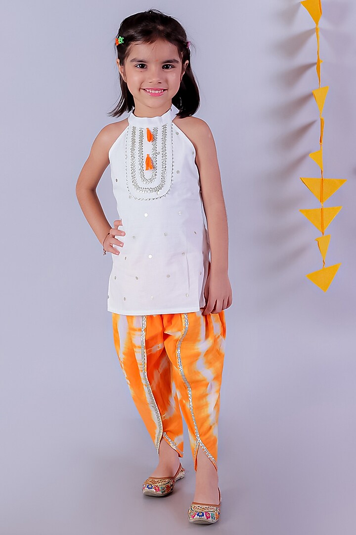 Orange & White Cotton Tie-Dyed Dhoti Set For Girls by Lil Drama at Pernia's Pop Up Shop