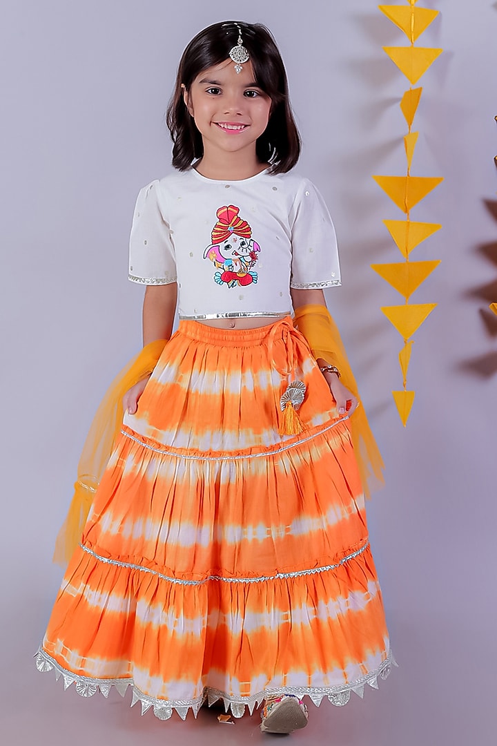 Orange & White Cotton Tie-Dyed Lehenga Set For Girls by Lil Drama at Pernia's Pop Up Shop