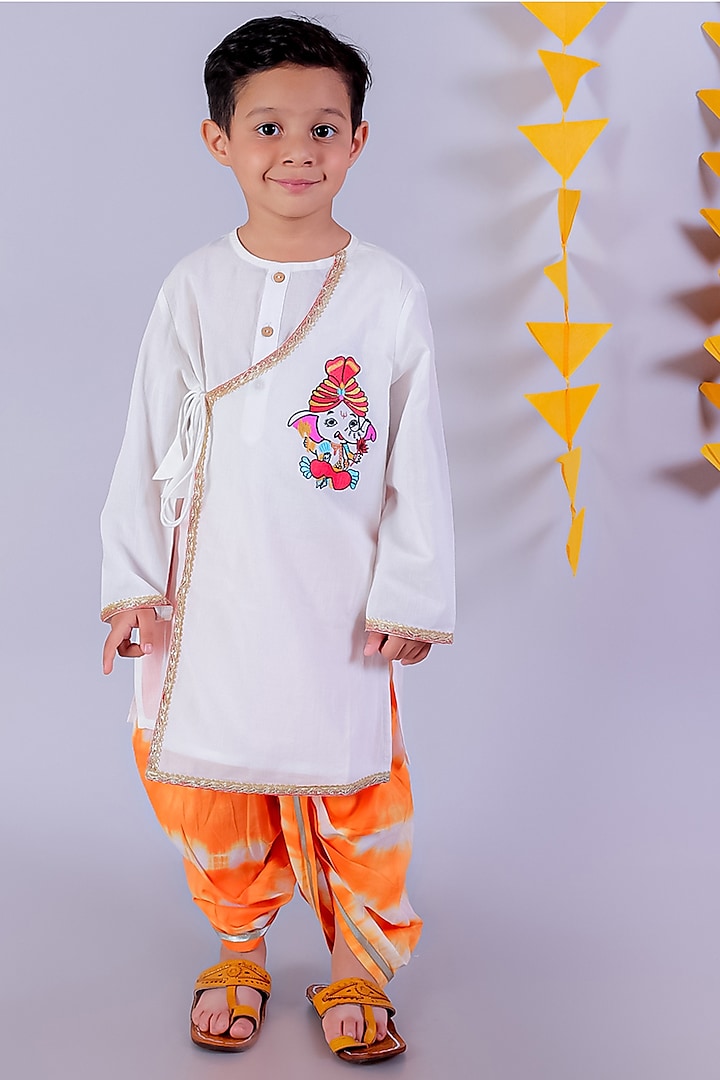 Orange & White Cotton Tie-Dyed Dhoti Set For Boys by Lil Drama at Pernia's Pop Up Shop