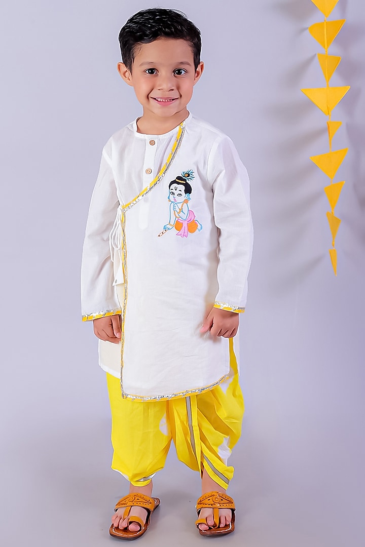 Yellow & White Cotton Tie-Dyed Dhoti Set For Boys by Lil Drama at Pernia's Pop Up Shop