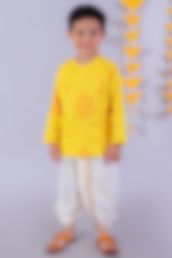 Yellow Cotton Embroidered Kurta Set For Boys by Lil Drama at Pernia's Pop Up Shop