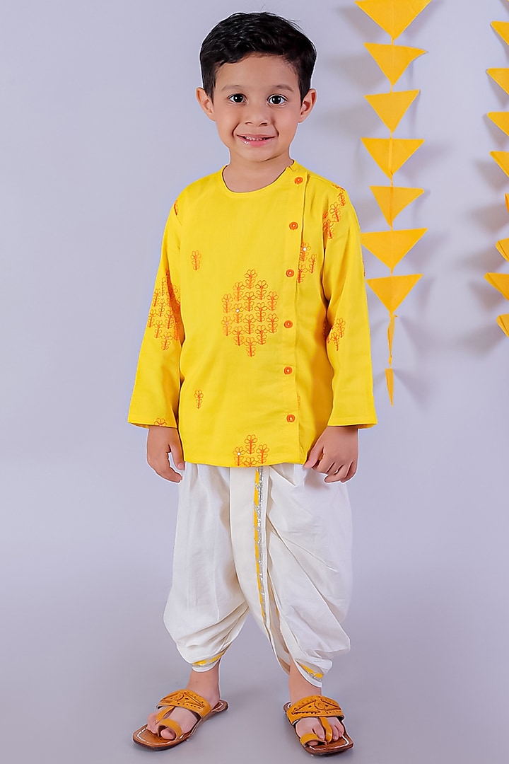 Yellow Cotton Embroidered Kurta Set For Boys by Lil Drama at Pernia's Pop Up Shop