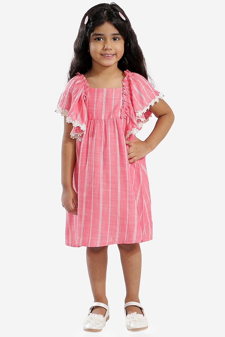 Pink Embroidered Striped Dress For Girls by Lil Drama