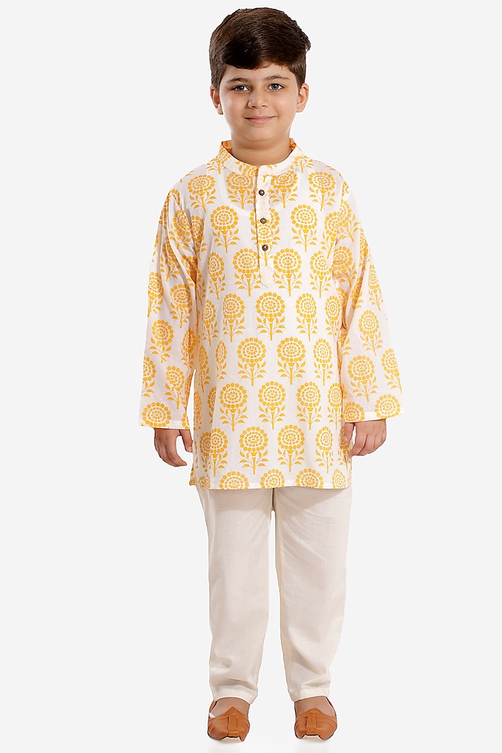 Yellow Abstract Printed Kurta For Boys by Lil Drama