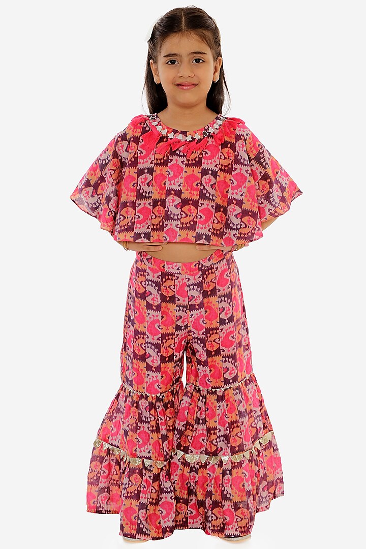 Red Floral Printed Sharara Set For Girls by Lil Drama