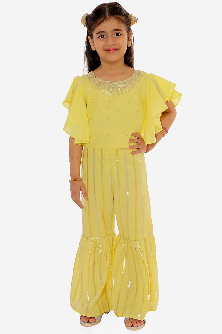 Yellow Embroidered Sharara Set For Girls by Lil Drama