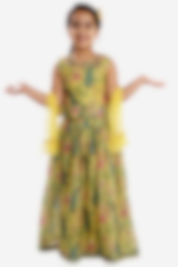 Green & Yellow Floral Printed Lehenga Set For Girls by Lil Drama