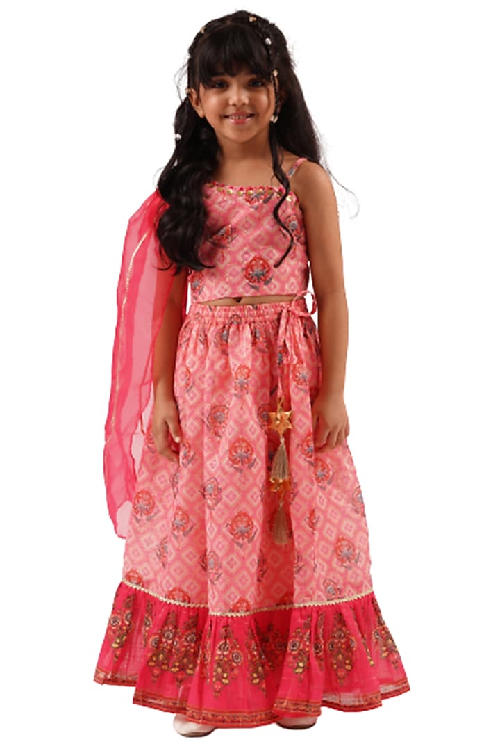 Pink Lurex Chanderi Digital Printed Lehenga Set For Girls by Lil Drama at Pernia's Pop Up Shop