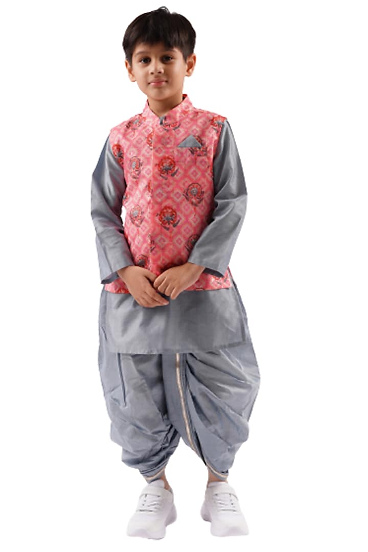 Pink Lurex Chanderi Digital Printed Nehru Jacket Set For Boys by Lil Drama