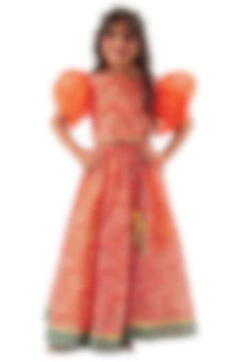 Orange Lurex Chanderi Digital Printed Lehenga Set For Girls by Lil Drama at Pernia's Pop Up Shop