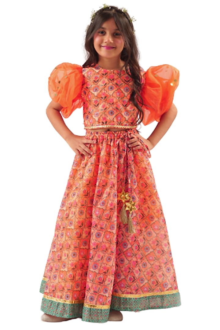 Orange Lurex Chanderi Digital Printed Lehenga Set For Girls by Lil Drama at Pernia's Pop Up Shop