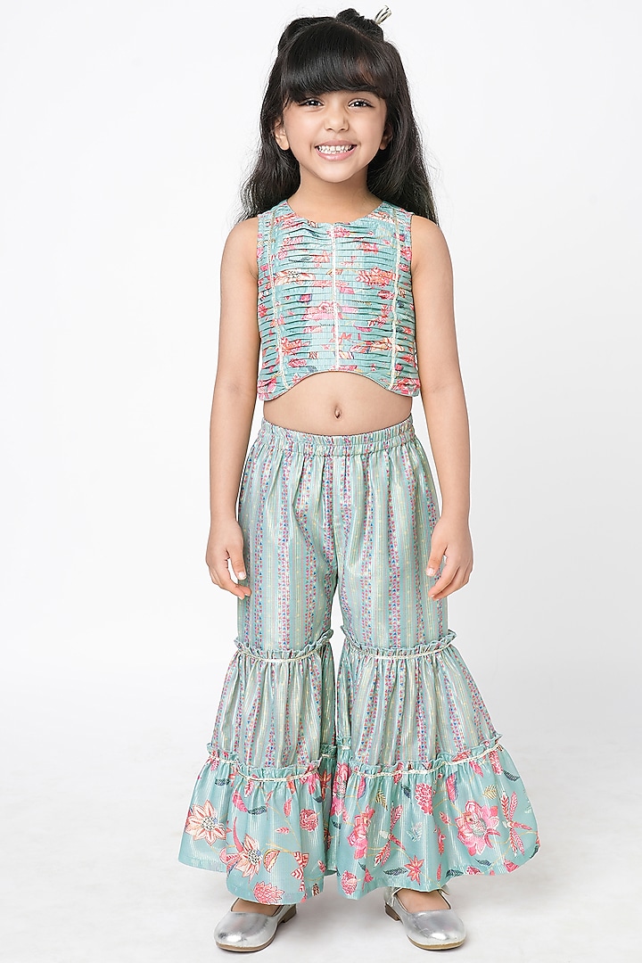 Blue Lurex Muslin Printed Co-Ord Set For Girls by Lil Drama at Pernia's Pop Up Shop