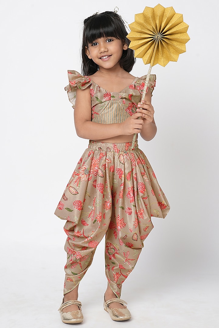 Beige Lurex Muslin Printed Co-Ord Set For Girls by Lil Drama at Pernia's Pop Up Shop