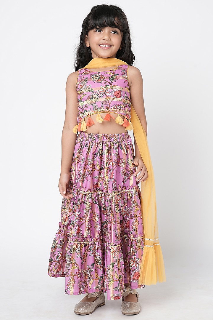 Purple Lurex Muslin Printed Lehenga Set For Girls by Lil Drama at Pernia's Pop Up Shop