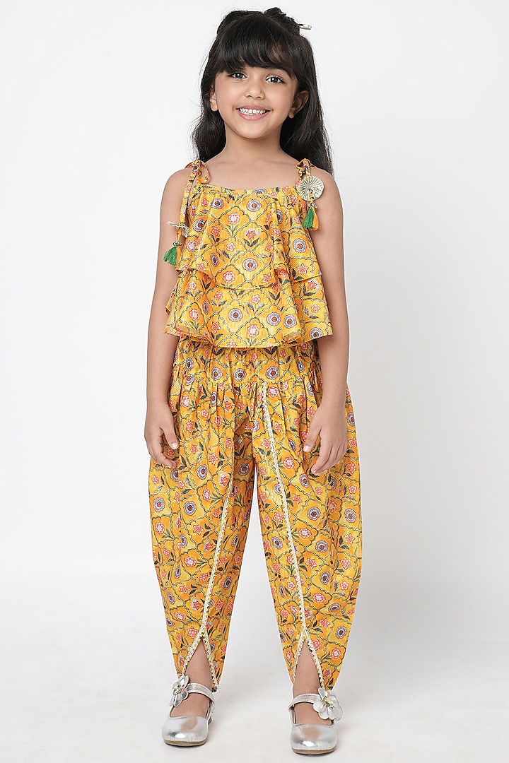 Yellow Lurex Muslin Printed Co-Ord Set For Girls by Lil Drama at Pernia's Pop Up Shop