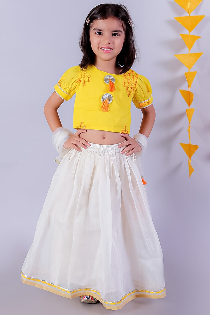 White & Yellow Cotton Lehenga Set For Girls by Lil Drama at Pernia's Pop Up Shop