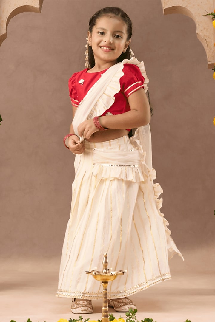 Off-White & Red Cotton Lehenga Set For Girls by Lil Drama at Pernia's Pop Up Shop