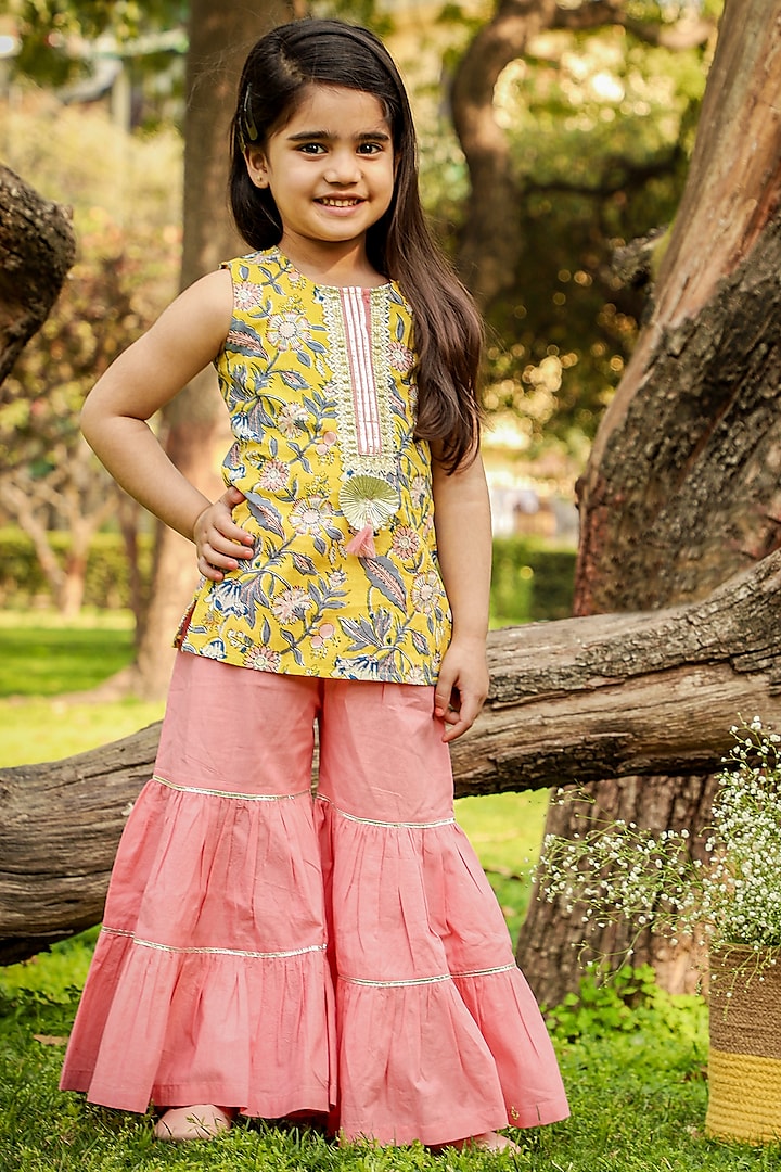 Yellow Cotton Floral Printed Kurta Set For Girls by Lil Drama