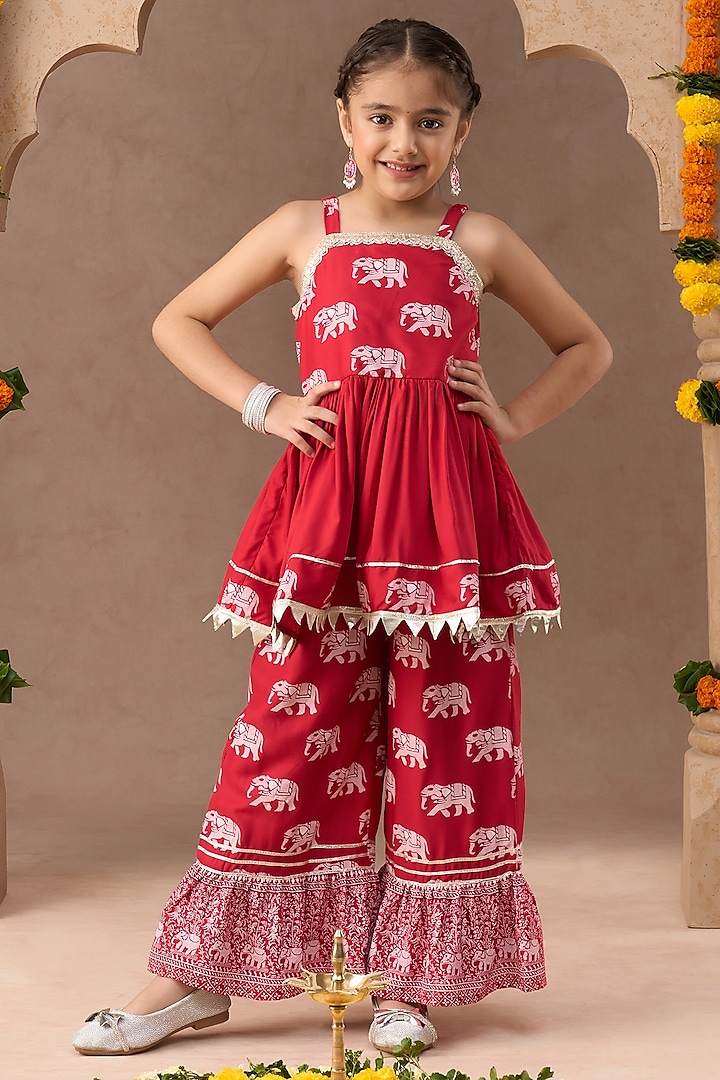 Red Cotton Printed Sharara Set For Girls by Lil Drama at Pernia's Pop Up Shop