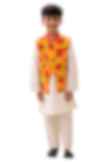 Mustard Poly Silk Floral Printed Nehru Jacket Set For Boys by Lil Drama