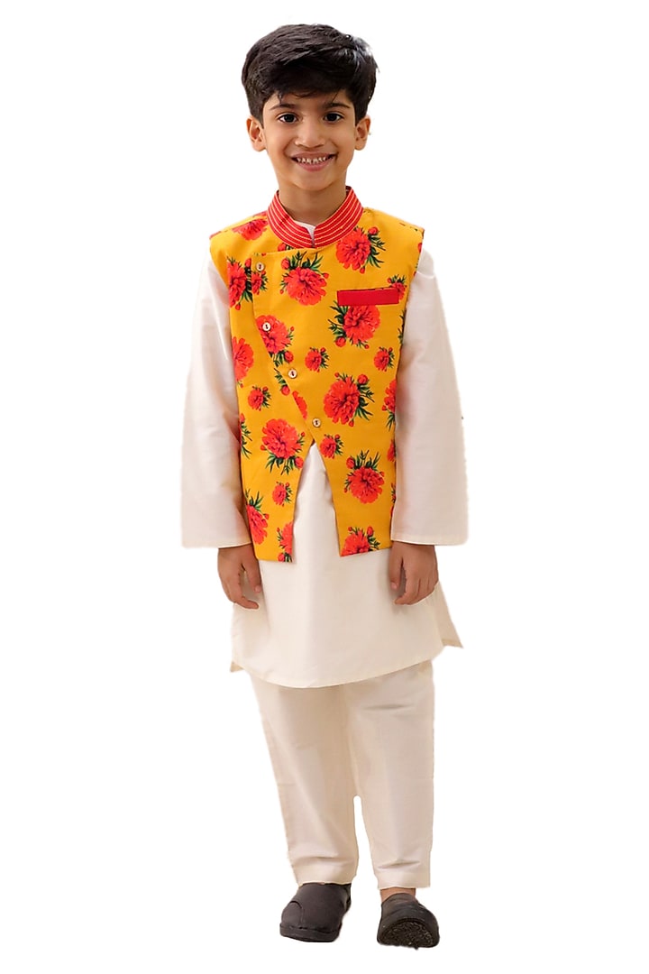 Mustard Poly Silk Floral Printed Nehru Jacket Set For Boys by Lil Drama
