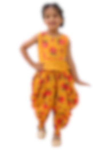Mustard Cotton Floral Printed Dhoti Set For Girls by Lil Drama at Pernia's Pop Up Shop