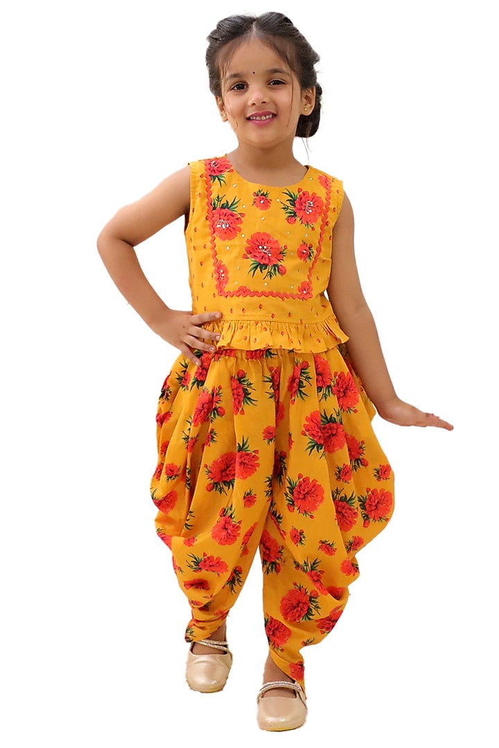 Mustard Cotton Floral Printed Dhoti Set For Girls by Lil Drama at Pernia's Pop Up Shop