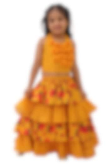 Mustard Cotton Floral Printed Lehenga Set For Girls by Lil Drama at Pernia's Pop Up Shop