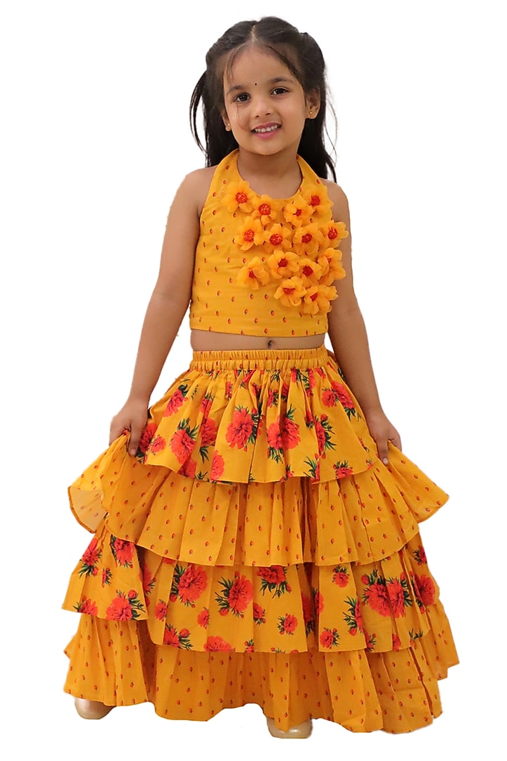Mustard Cotton Floral Printed Lehenga Set For Girls by Lil Drama at Pernia's Pop Up Shop