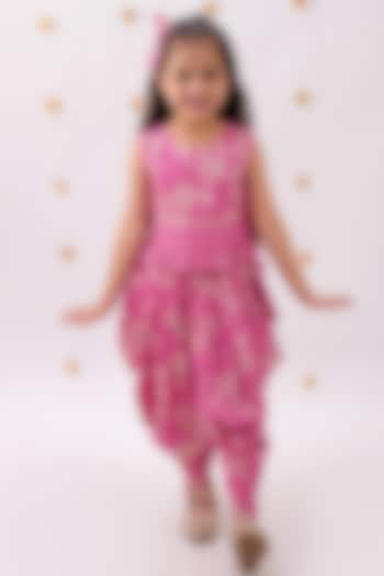 Pink Rayon Foil Printed Dhoti Set For Girls by Lil Drama at Pernia's Pop Up Shop